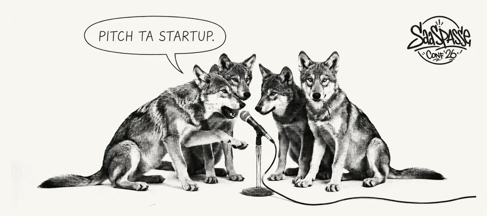 Quatre loups autour d'un micro—l'illustration du Pitch Party de la SaaSpasse Conf '26.