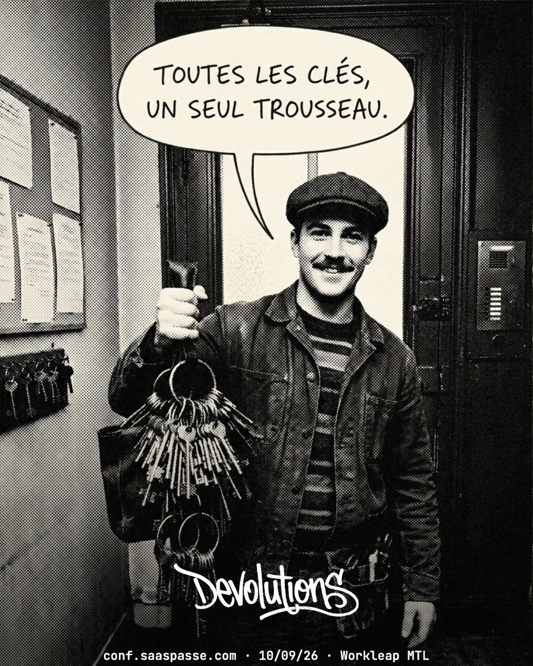 Affiche promo Devolutions · SaaSpasse Conf '26 · dark