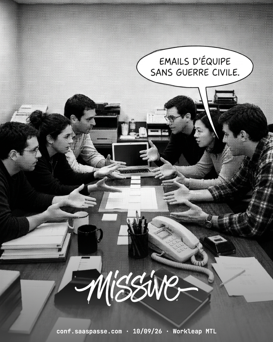 Affiche promo Missive · SaaSpasse Conf '26 · dark